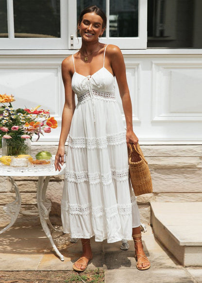 Aurelia Lace-Trim Maxi Dress – White Smocked Sundress with Adjustable Straps