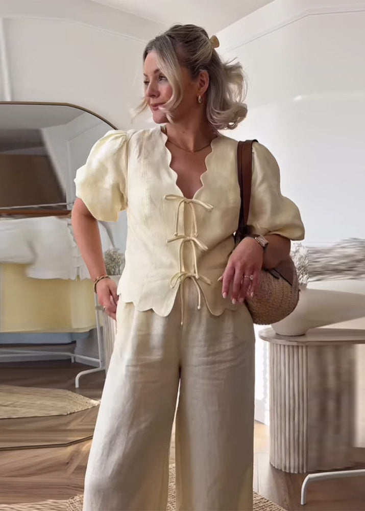 Limonetta - Scalloped Tie-Front Blouse & Wide-Leg Pants Set