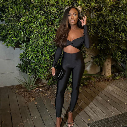 Autumn Solid Color V Neck Twist Hollow Out Cutout Cropped Sexy High Waist Long Sleeve Jumpsuit