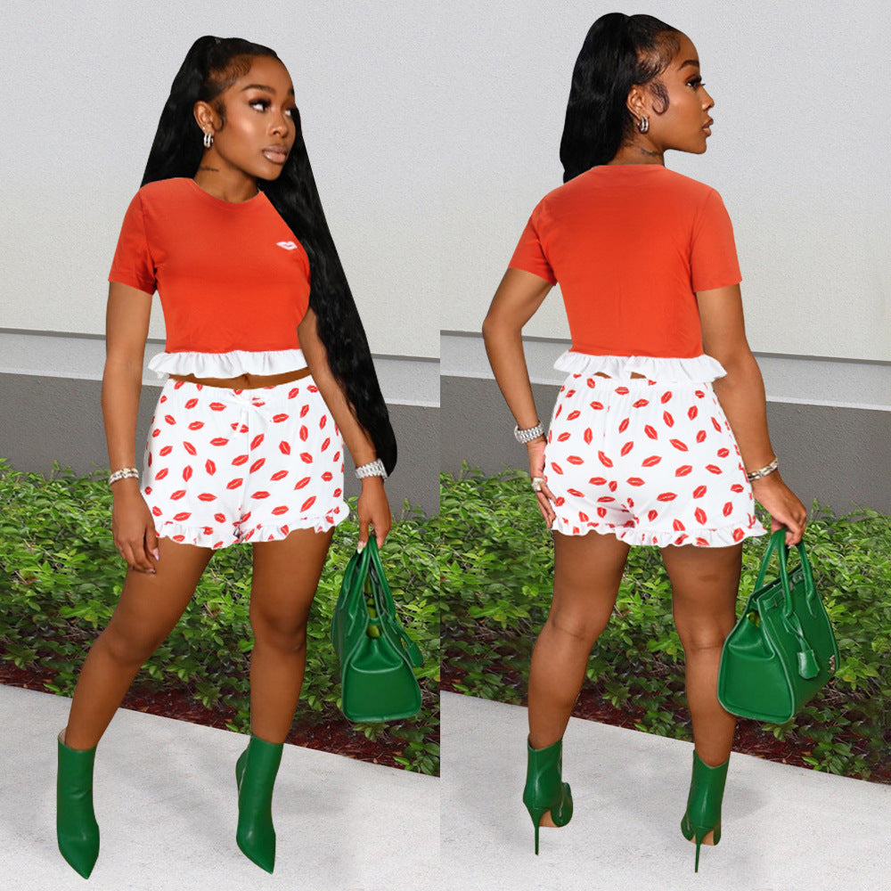 Conjunto de dos piezas formado por camiseta de manga corta y pantalón corto, con encaje y estampado de labios, para mujer