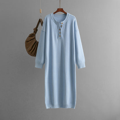 Autumn Winter Button Knitwear Dress Solid Color Loose Casual Sweater Women