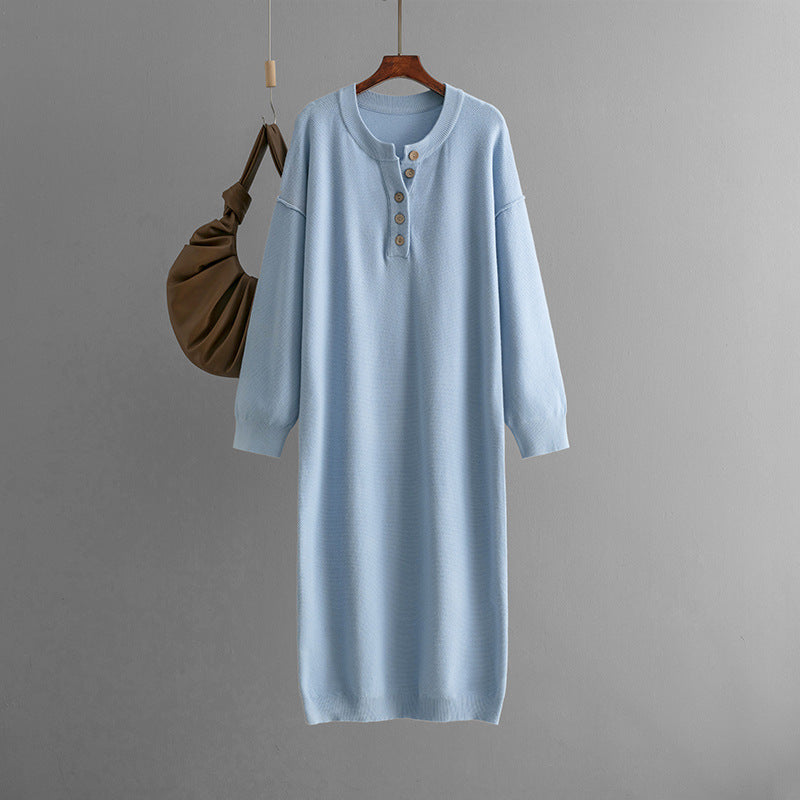 Autumn Winter Button Knitwear Dress Solid Color Loose Casual Sweater Women