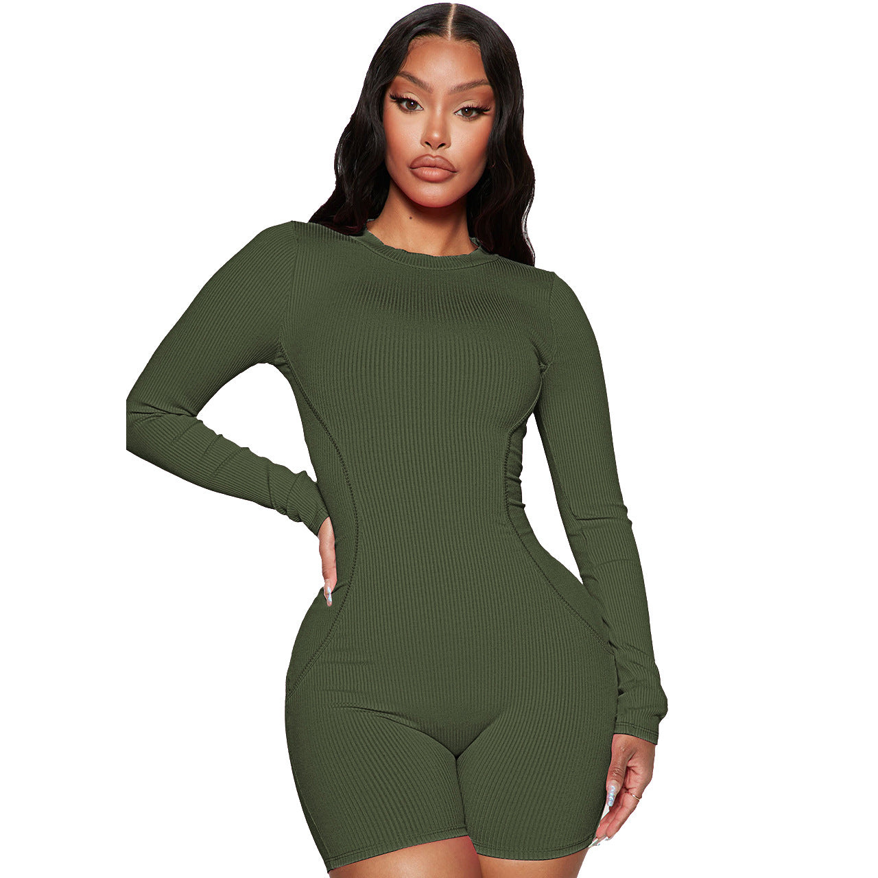 Women Clothing Spring Thread round Neck Stitching Line Casual Sports Romper