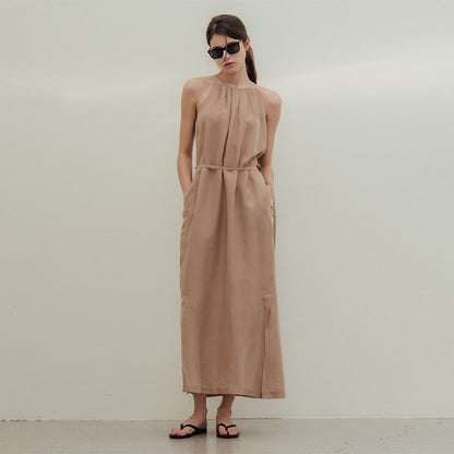 Breathable Halter Dress Twill Copper Ammonia Silk Lace up Design Loose Slimming Split Midi Dress