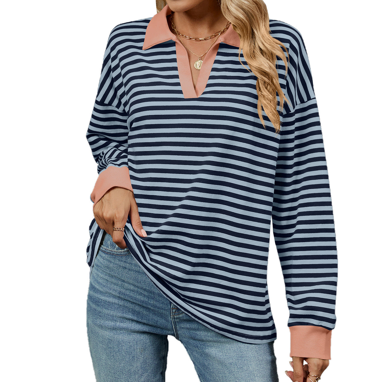 Autumn Winter Contrast Color Lapels Loose Long Sleeve Striped Sweater for Women
