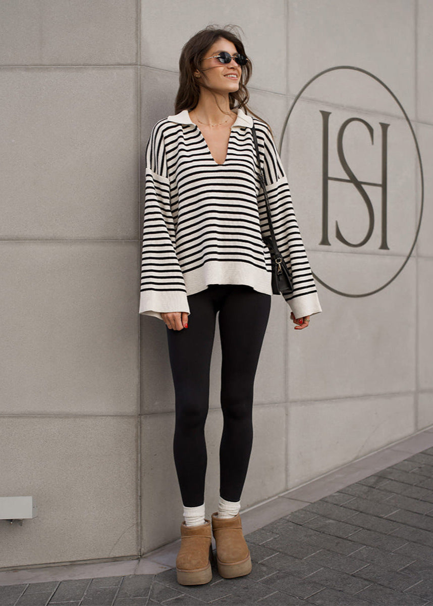 Mariner – Striped V-Neck Knit Sweater with Wide Sleeves