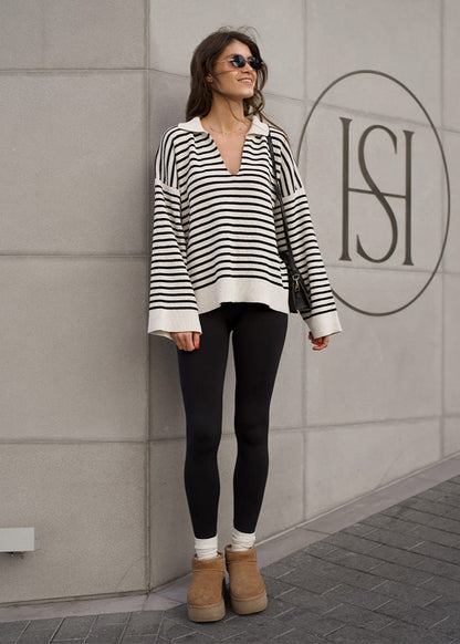 Mariner – Striped V-Neck Knit Sweater with Wide Sleeves