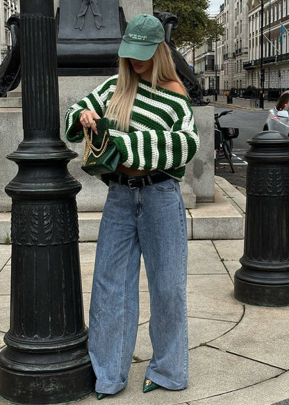 Striped Off-Shoulder Knit Sweater