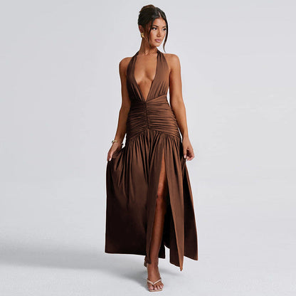Summer Women Clothing Elegant Halter V neck Dress Sexy Slit Pleated Backless Dress