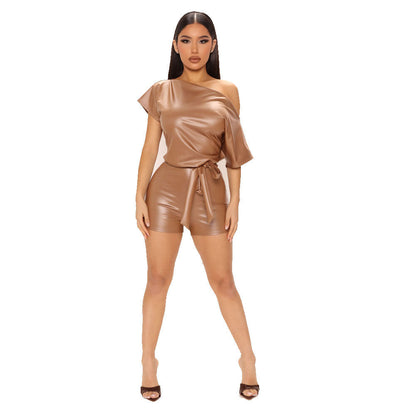 Women Summer Casual Sexy off-the-Shoulder Faux Leather Romper