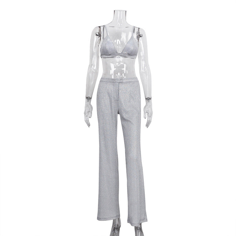 Glitter Camisole Slim Straight High Waisted Trousers Flash Coat Nightclub Suit