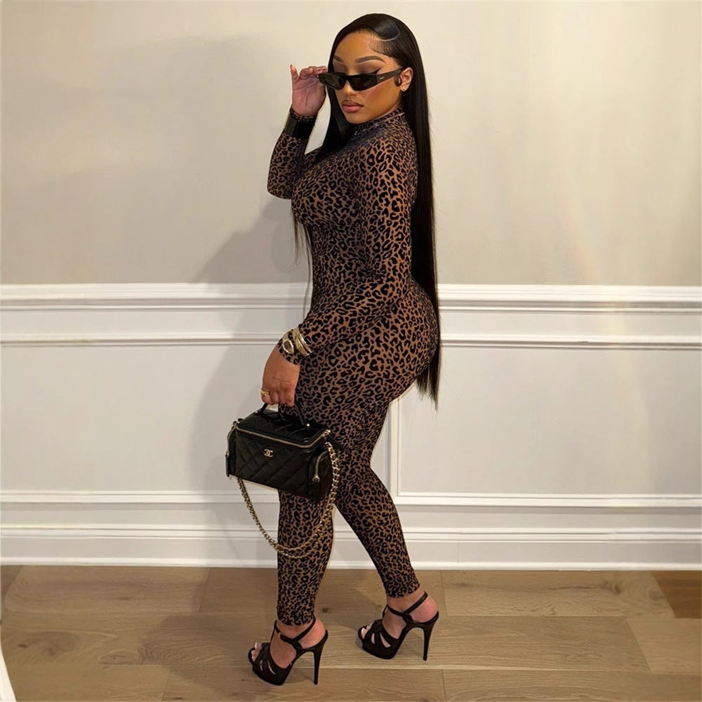 Autumn All Match Stretch Slim Fit Sexy Leopard Print Long Sleeve Jumpsuit for Women