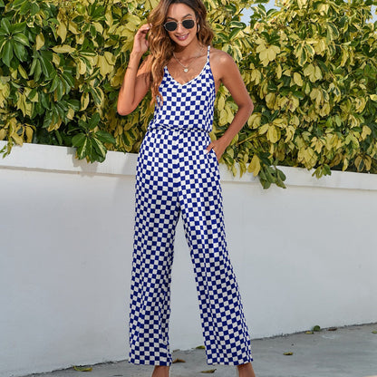Plaid Printed One Piece Culotte Bohemian Dress Sexy Strap Backless