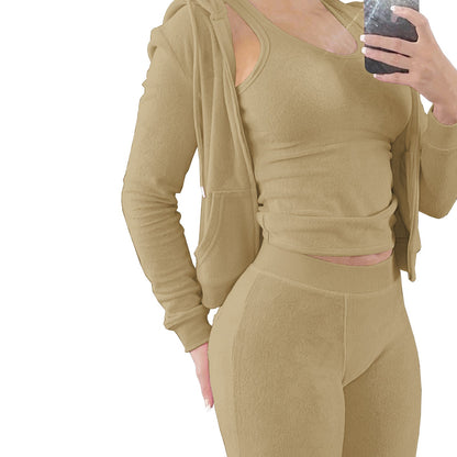 Women Clothing International Station Autumn Winter Plush Hooded Vest Three Piece Set