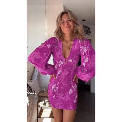 Spring Summer Pleated Long Sleeve Sexy V neck Dress Casual Loose Vacation Hip Dress