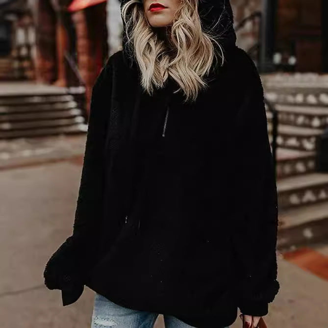 Autumn Winter Women Clothing Long Sleeve Hooded Solid Color Hoodie Cardigan Coat