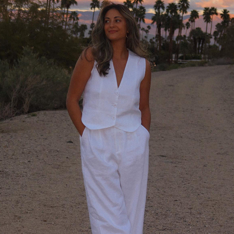 Ropa de mujer, chaleco sin mangas de lino y algodón de verano, conjunto de dos piezas, conjunto informal para mujer