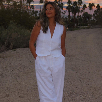 Ropa de mujer, chaleco sin mangas de lino y algodón de verano, conjunto de dos piezas, conjunto informal para mujer