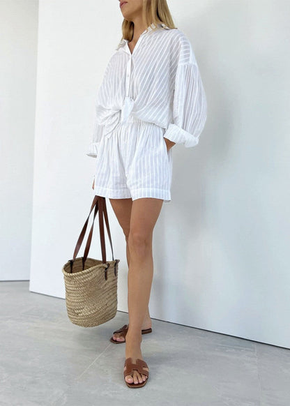 White Shoreline - Striped Cotton Shirt and Shorts Set