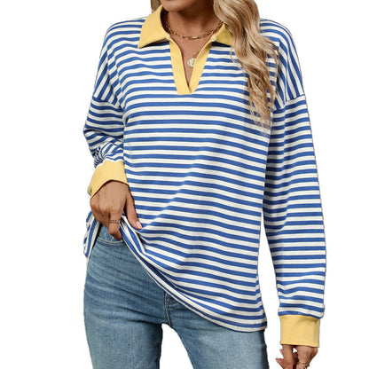 Autumn Winter Contrast Color Lapels Loose Long Sleeve Striped Sweater for Women