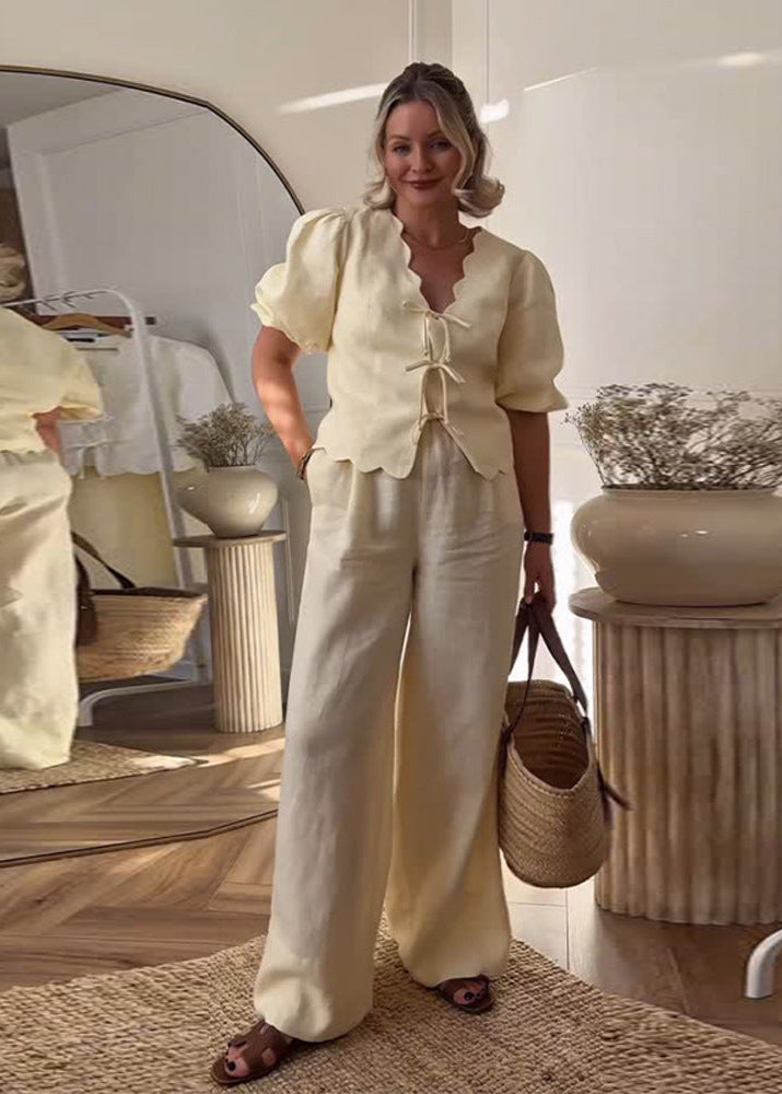 Limonetta - Scalloped Tie-Front Blouse & Wide-Leg Pants Set