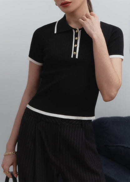 Vienna Line - Ribbed Knit Polo Top with Contrast Trim