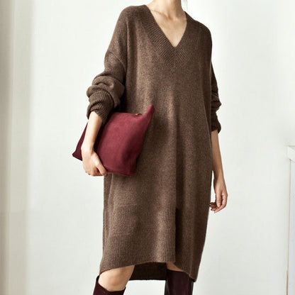 Autumn Winter Korean V Neck Sweater Mid Length Loose Sweater Women Pullover Thick Dress