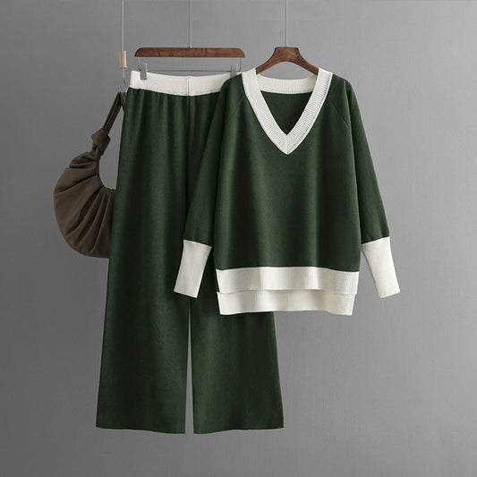 Conjunto informal de dos piezas para mujer, otoño e invierno, cuello en V, tejido de punto en contraste, pantalones anchos y sueltos.