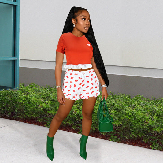 Women Clothing Summer Lace Color Matching Short-Sleeved T-shirt Women Lip Printings Slim Two-Piece Set Romper