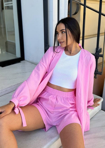 Taffy Wrap-Front Linen Set – Belted Long Sleeve Shirt & High-Waisted Shorts