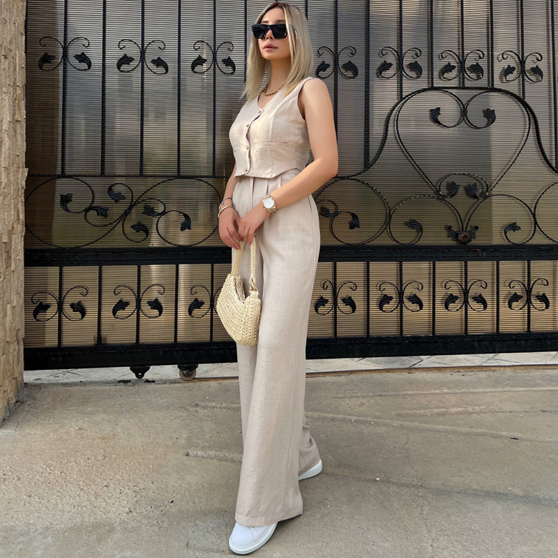 Conjunto de dos piezas formado por camiseta y pantalón corto de verano, sin mangas, color liso, para mujer