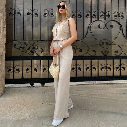 Conjunto de dos piezas formado por camiseta y pantalón corto de verano, sin mangas, color liso, para mujer