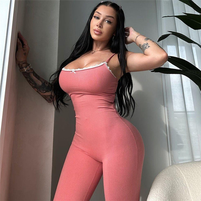 Autumn Winter Sexy Tight Low Cut Solid Color Trousers Strappy Bow Jumpsuit