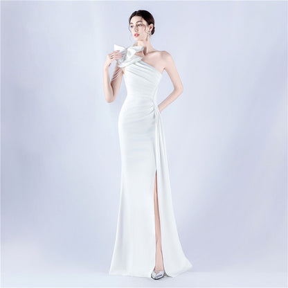 Women Clothing Heavy Industry Beads Handmade Artistic Floral Pleated Craft Satin off the Shoulder High Fork Evening Dress