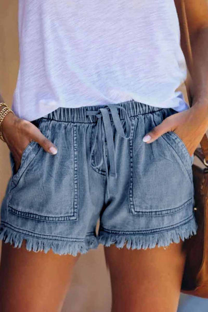 Lace-up Fringed Thin Denim Shorts