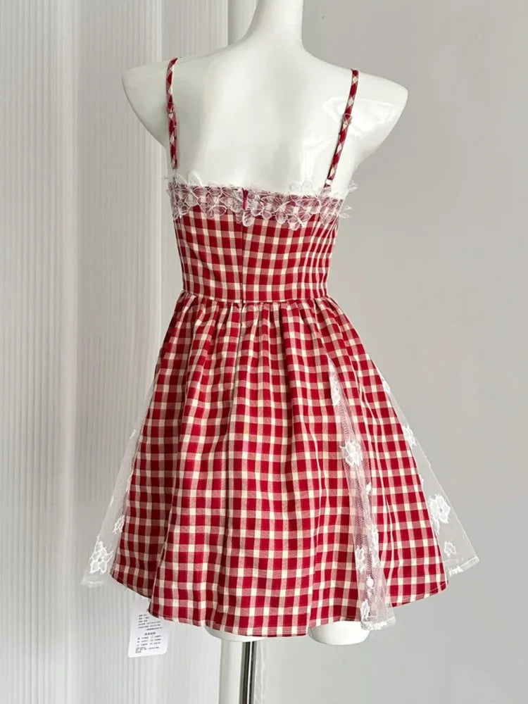 Minivestidos a cuadros rojos Y2K para mujer, con tirantes finos, de encaje y patchwork, corte en A, para fiesta de cumpleaños, moda coreana, vestido de una pieza
