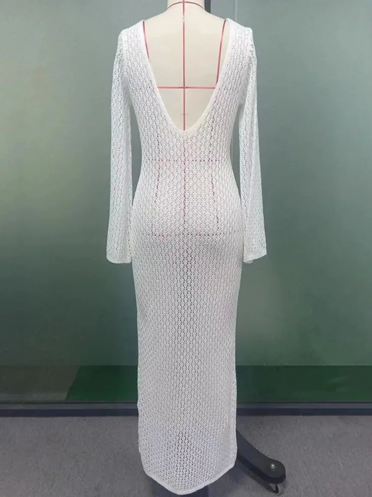 Crochet Beach Maxi Dress Women’s Sexy Knitted Hollow Bikini Swimsuit Cover-Up Sun Protection Dress See Through Slim Lady