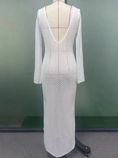 Crochet Beach Maxi Dress Women’s Sexy Knitted Hollow Bikini Swimsuit Cover-Up Sun Protection Dress See Through Slim Lady