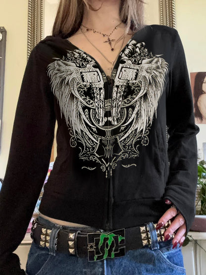 Y2k Darkly Retro Zip Up Hooded Coat Long Sleeve Basic Women s Fashion Chic Diamonds Print Sweats Cardigan