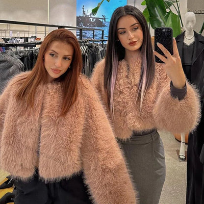 Brand Fashion  Winter Sweet Pink Cropped Faux Fur Coat Women Streetwear Ins Chic Girls Fluffy Fox Fur Jacket Female