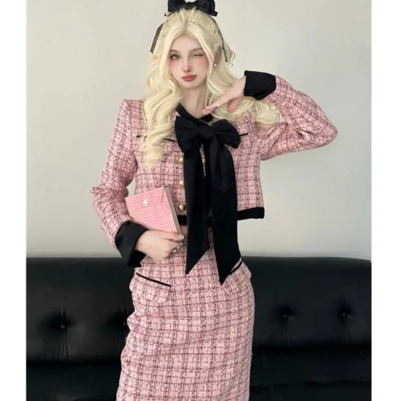 Conjunto de dos piezas elegante de moda coreana para otoño e invierno, chaqueta corta, abrigo, falda midi de cintura alta, conjuntos de lujo.