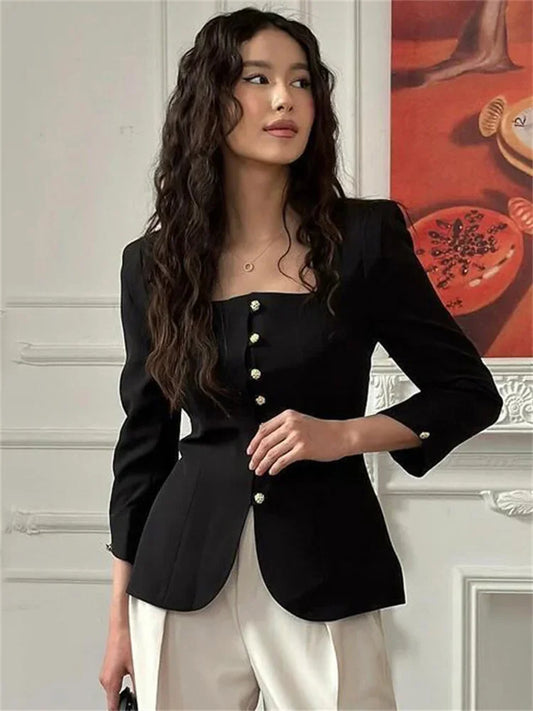 Autumn Square Collar Outwear Female Elegant Commute Cropped Long Sleeve Streetwear Patchwork Cardigan Solid Coat Ladies