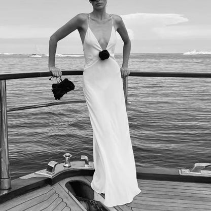 Vestido elegante con escote en V y flores 3D, corte bajo, espalda descubierta, tirantes finos, largo, elegante, para mujer, fiesta, club y vacaciones