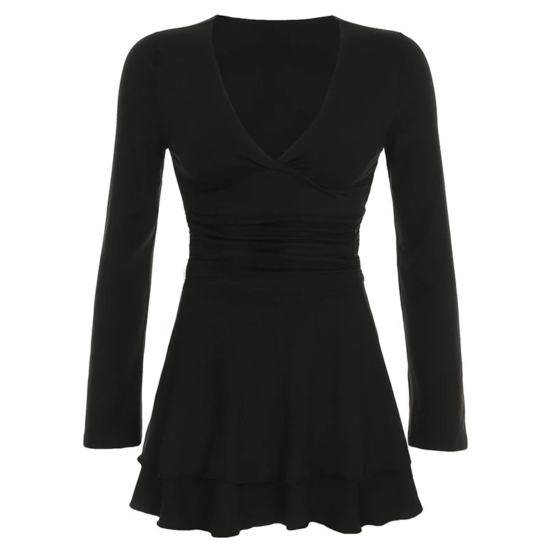 Vestido negro ajustado con escote en V y manga larga, sexy, básico, nuevo, fruncido en capas, corto
