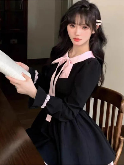 Y2K Black Short Dresses for Women Lace Ruffles Patchwork Long Sleeve A-line Princess Party Dress Korean One Piece Vestido New