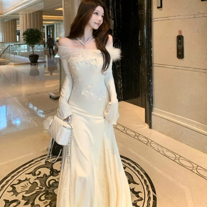 Vestidos de punto nuevos de otoño e invierno para mujer, cuello alto, manga acampanada, encaje de retazos, corte sirena, moda coreana, Vestidos para mujer