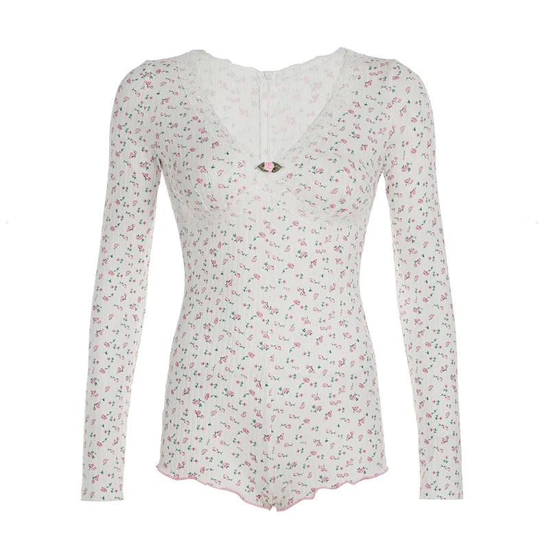 Mono de hada dulce y suave para mujer, con estampado floral, ribete de encaje, escote en V, manga larga, estilo coreano, moderno, bonito