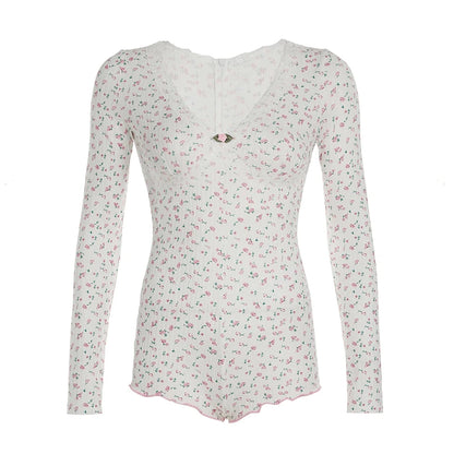Mono de hada dulce y suave para mujer, con estampado floral, ribete de encaje, escote en V, manga larga, estilo coreano, moderno, bonito