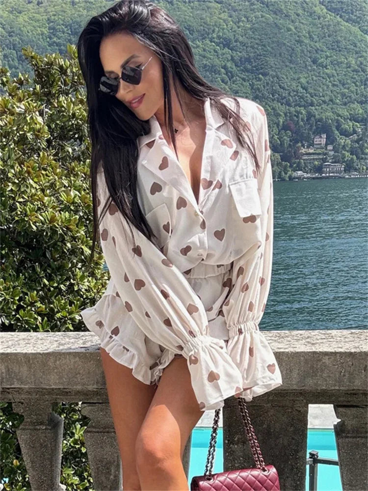 Autumn 2 Piece-Set Shorts For Women Printed Pocket Shirts And High Waist Slim Shorts Sets Female Casual Contrast Outfits