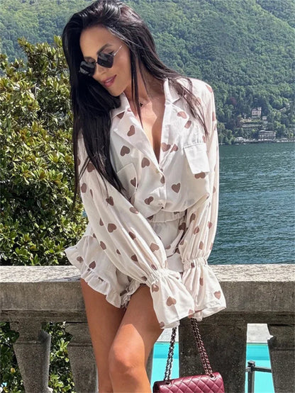 Autumn 2 Piece-Set Shorts For Women Printed Pocket Shirts And High Waist Slim Shorts Sets Female Casual Contrast Outfits